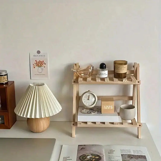 Wooden Desktop Display Shelf Dual Layer Storage Rack Foldable