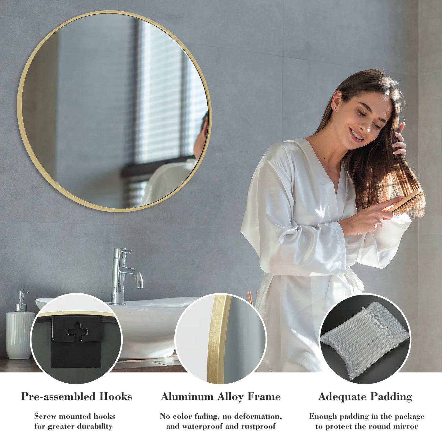 JHK Matte Metal Framed Round Vanity Mirror Wall Mount