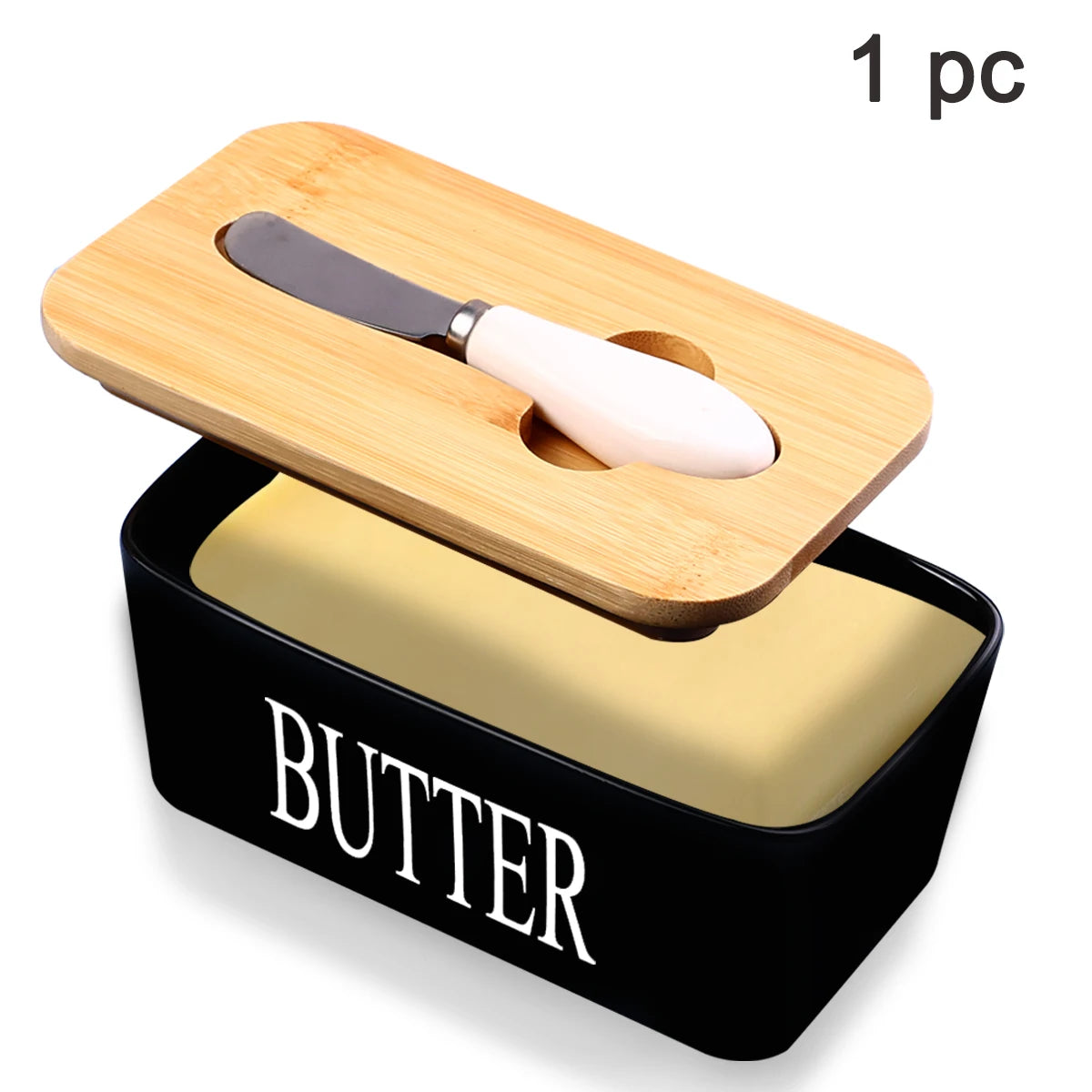 Ceramic Butter Dish With Bamboo Lid And Built In Knife