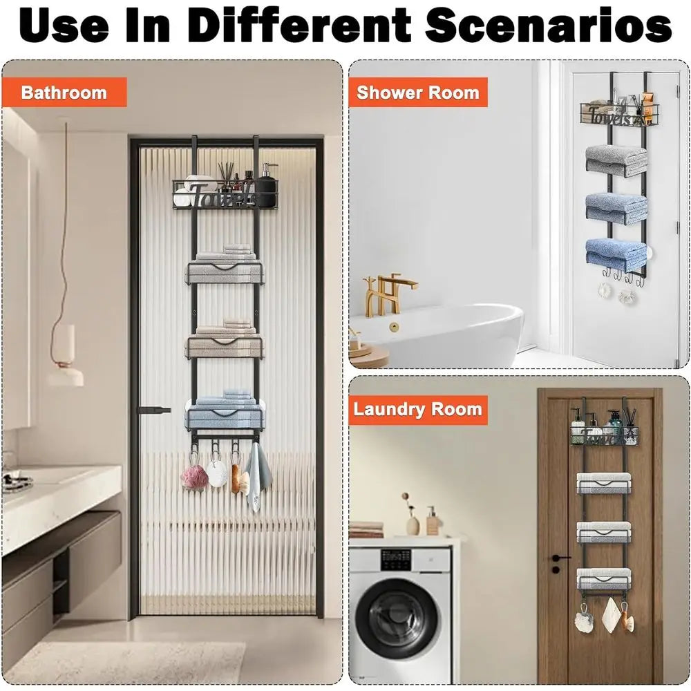 Towel Rack With Basket And Hooks No Drill Bathroom Storage