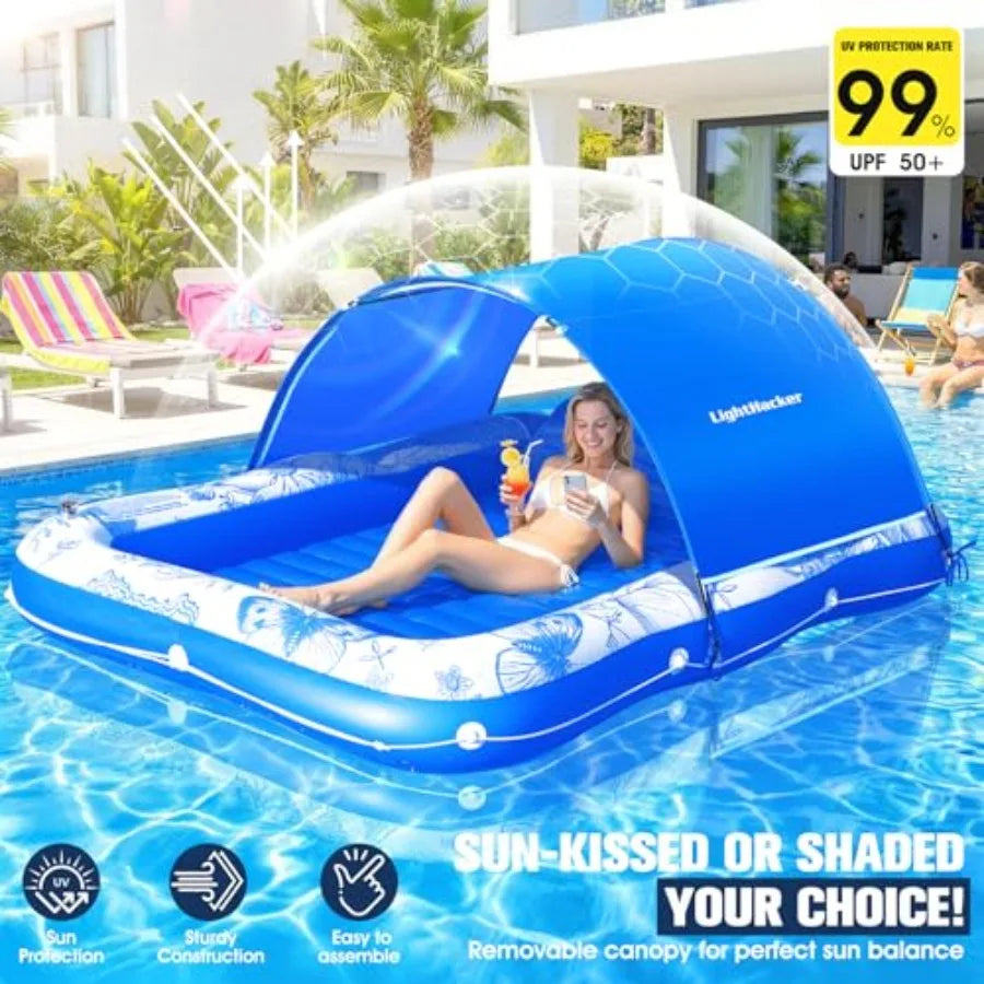 Inflatable Pool Lounger With Canopy for Adults Sunbathing
