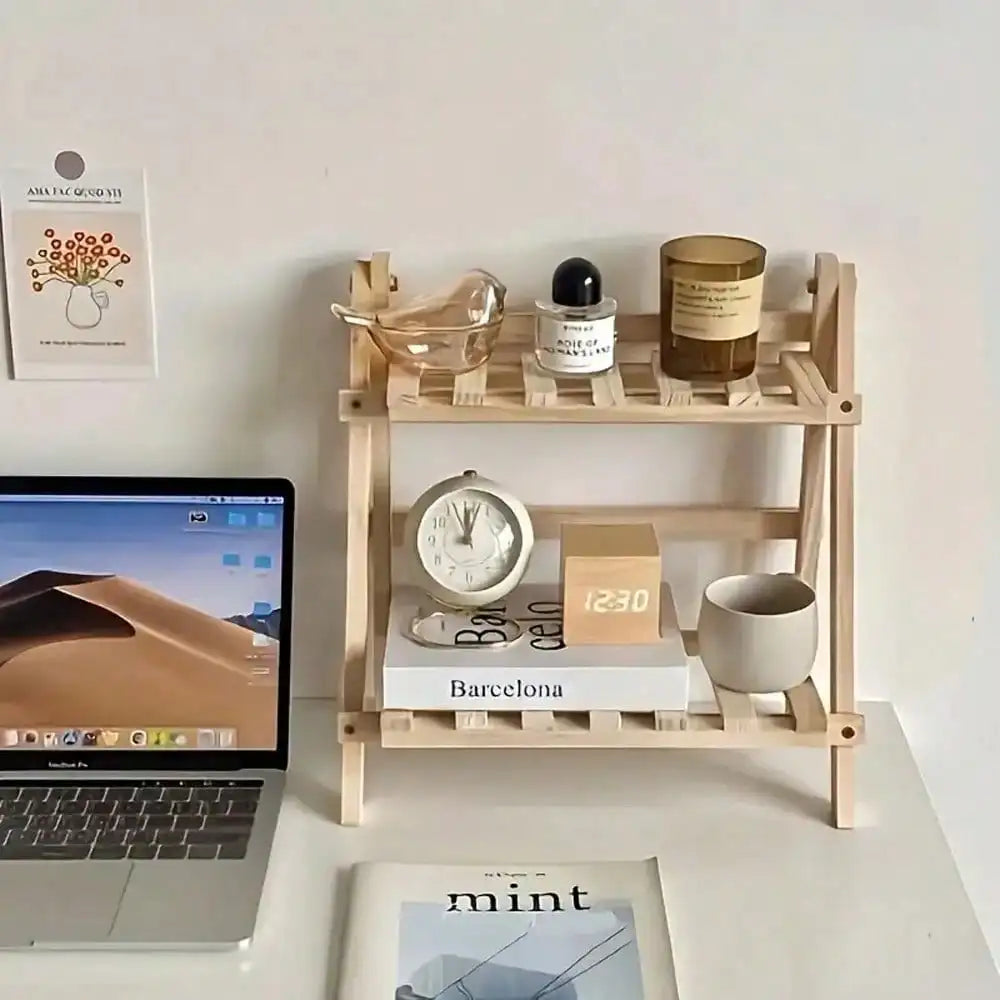 Wooden Desktop Storage Rack Dual Layer Display Shelf
