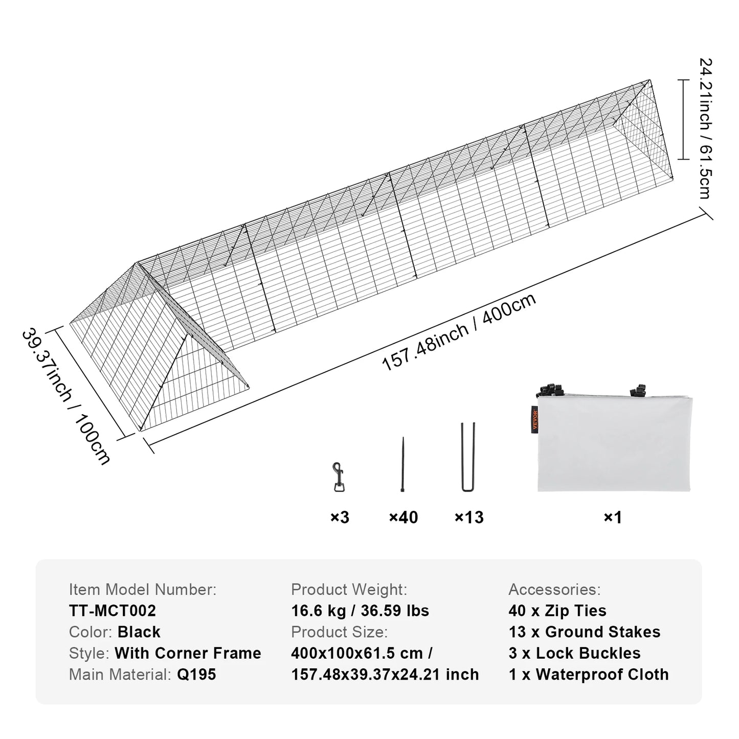 Chicken Tunnels 157.5 x 39.4 x 24.2 in for Yard Portable Chicken, rabbit, bunny, goose, duck, pet,for Outside Corner Frames