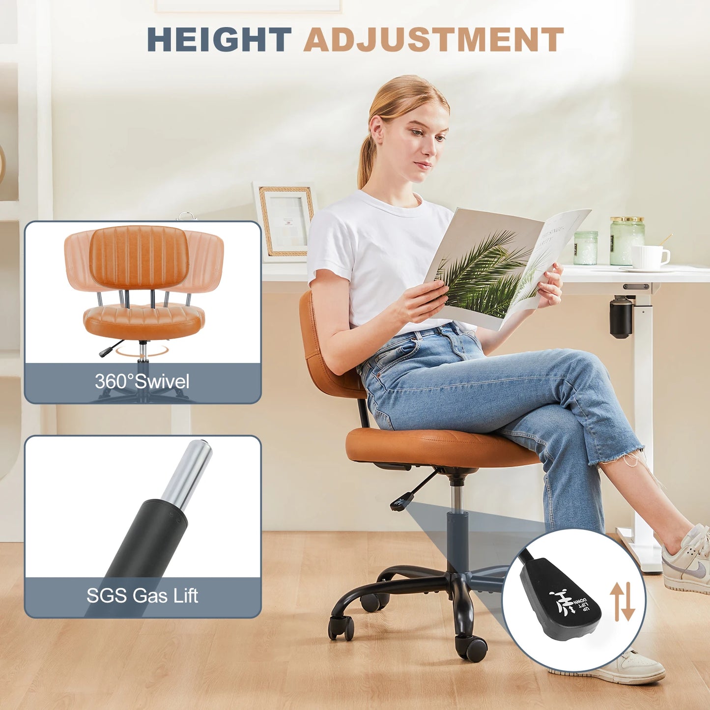JHK Armless Office Chair With Lumbar Support Height Adjustable