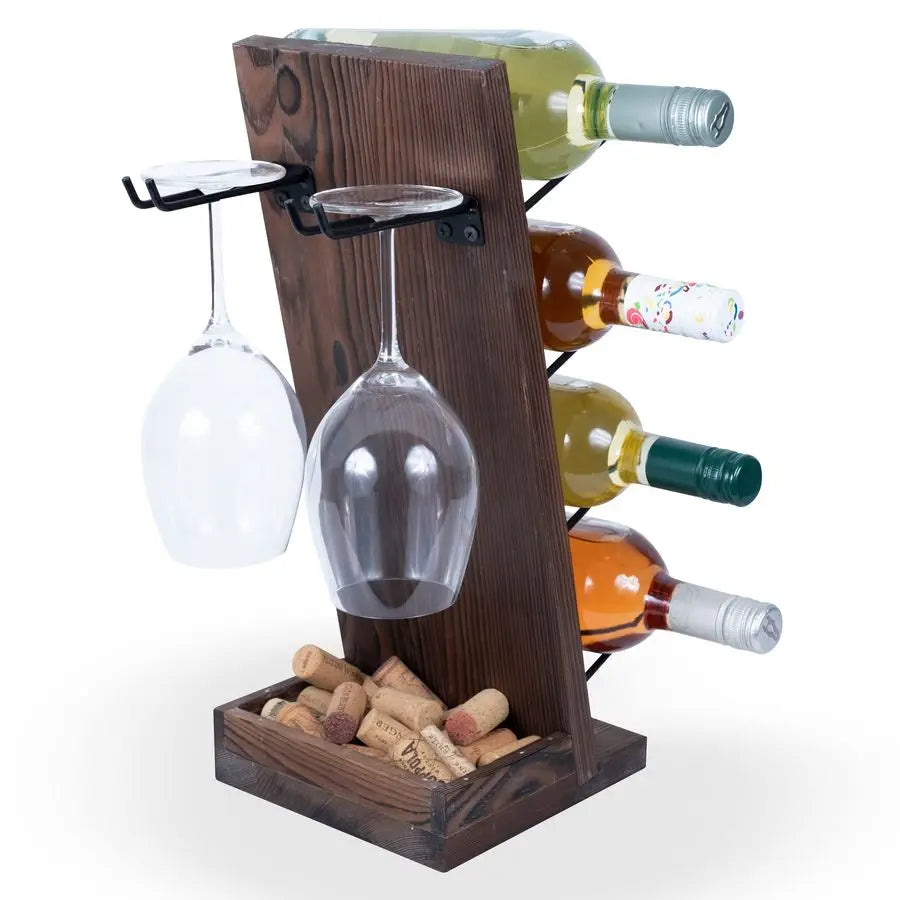 XMSJ Rueda Tabletop Wine Rack For Four Bottles And Stemware Cork Storage