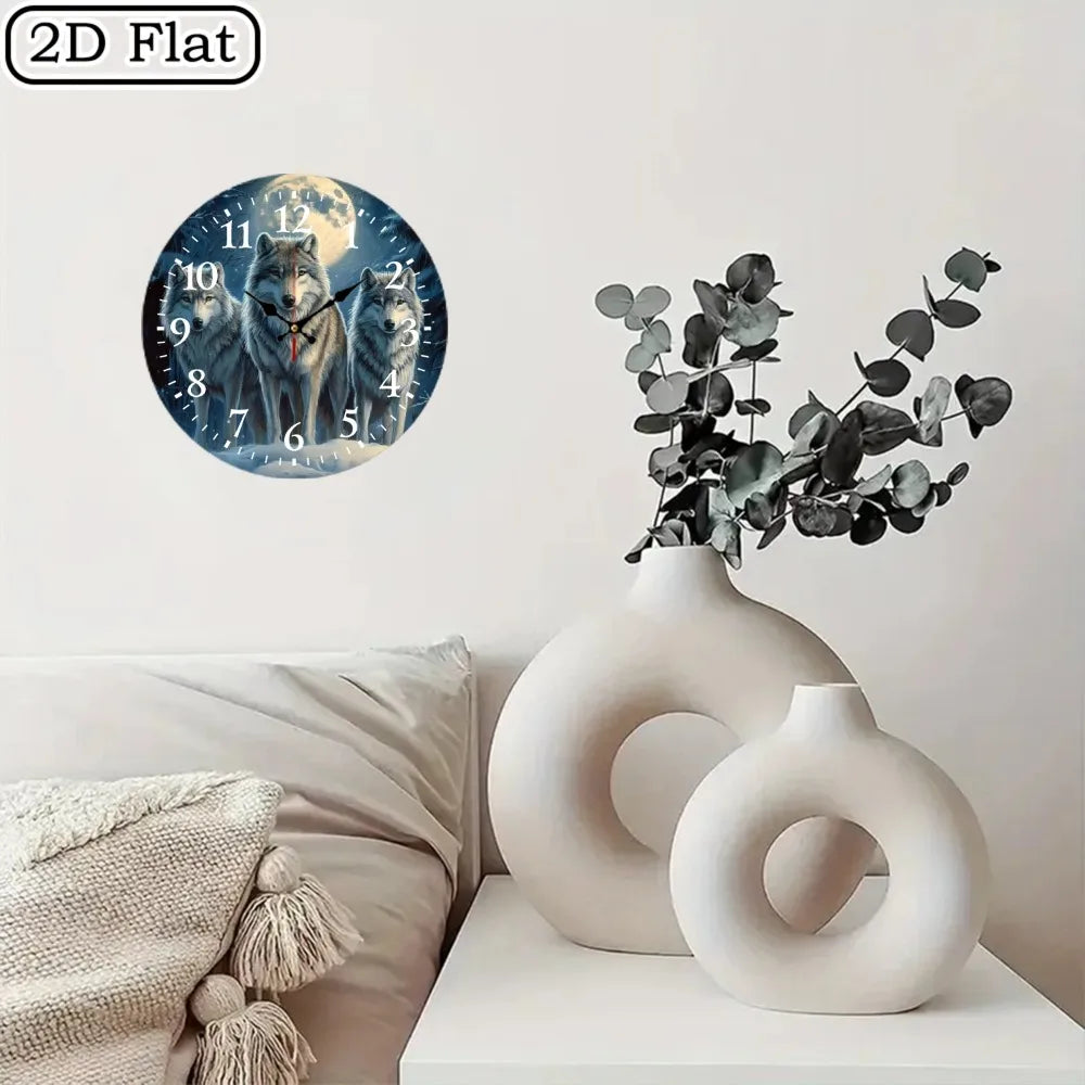 Wooden Wall Clock With Three Wolves Under Full Moon Pattern