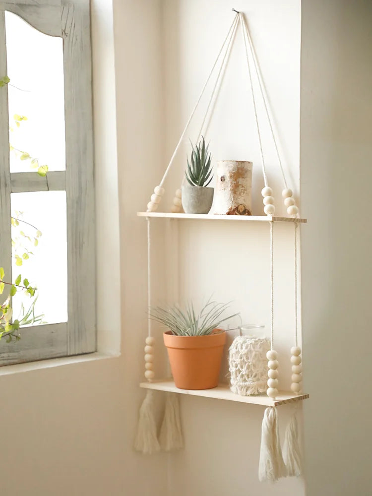 Wooden Wall Mount Storage Rack With Floating Plant Shelves
