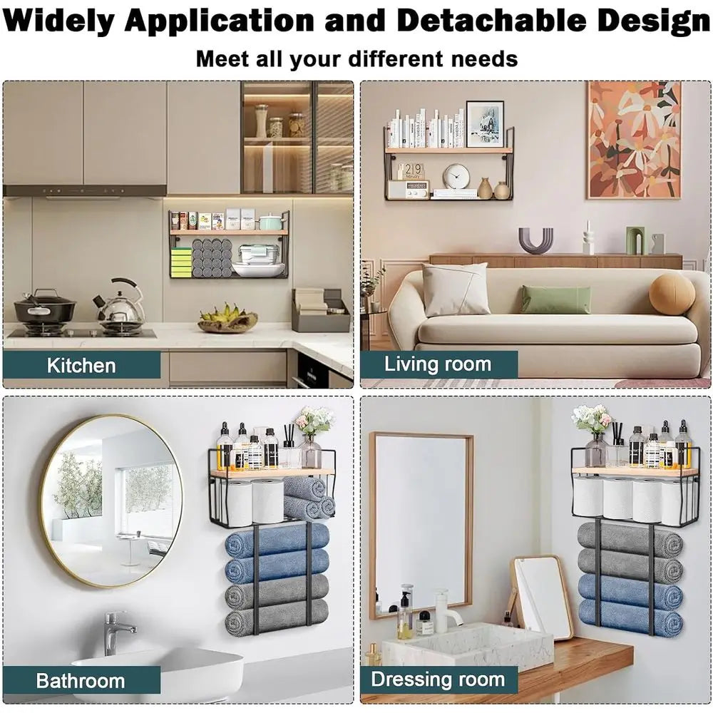 Black Wall-Mounted Metal Towel Rack with Storage Basket and Wooden Shelf for Small Bathrooms