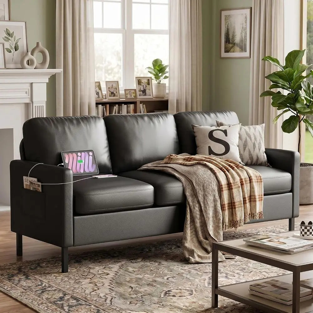 Modern Leather 3-Seater Sofa With USB Ports For Small Spaces
