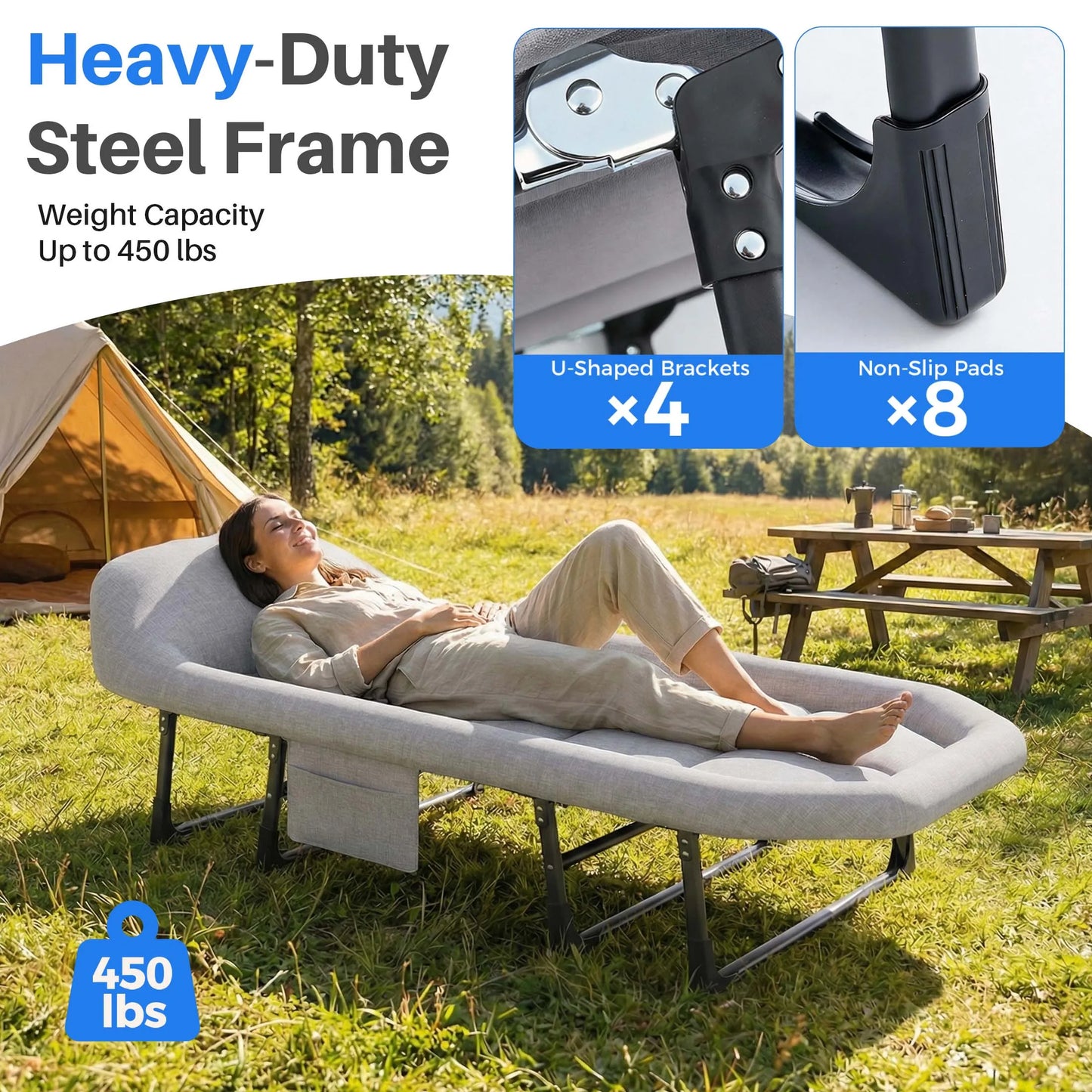 Adjustable Camping Bed with Mattress Lightweight Cot with Carry Bag 6 Angle Foldable Bed for Outdoor Supports 450 lbs