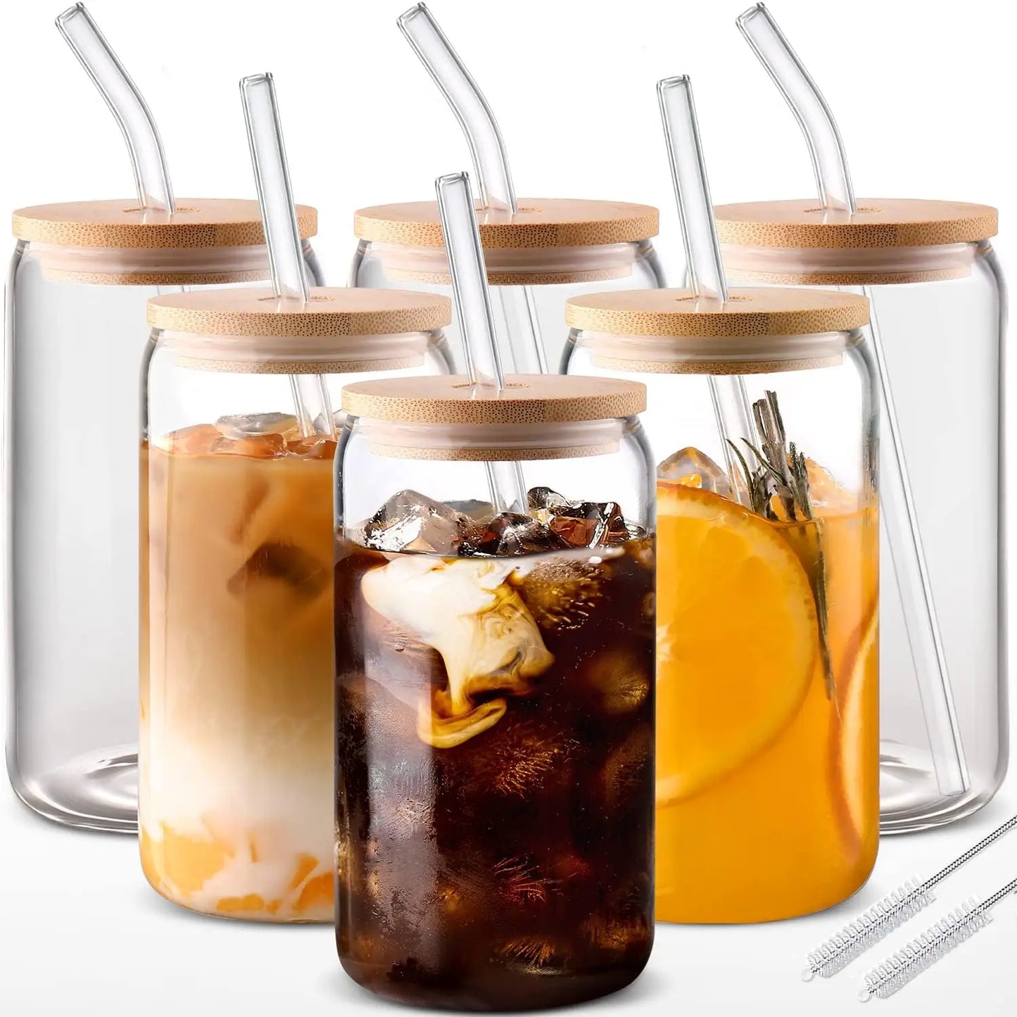 Drinking Glasses Set With Bamboo Lids And Glass Straws