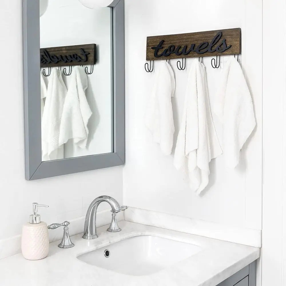 Rustic Wall Mount Towel Rack For Bathroom Wood Finish