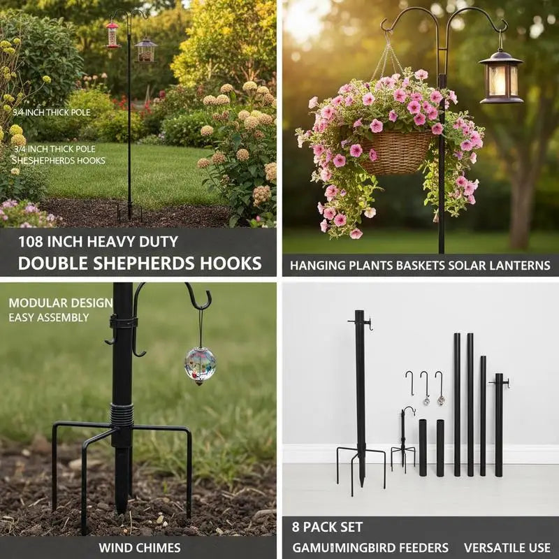 Double Shepherds Hooks for Outdoor, 8 Pack 108 Inch Heavy Duty Bird Feeder Pole, 3/4 Inch Thick Garden Hooks for Hanging Hummingbird Feeder, Plant Baskets, Solar Light Lanterns,Wind Chimes