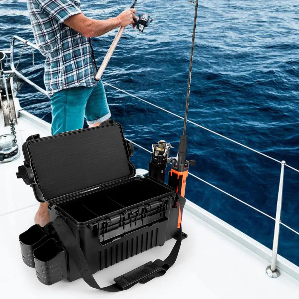 2 Tier Fishing Tackle Box With Cup Holder And Rod Holder