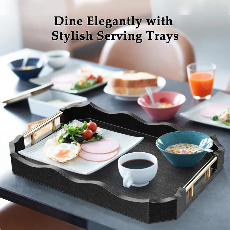 Bamboo Serving Tray Set Of 2 With Handles Wave Edge