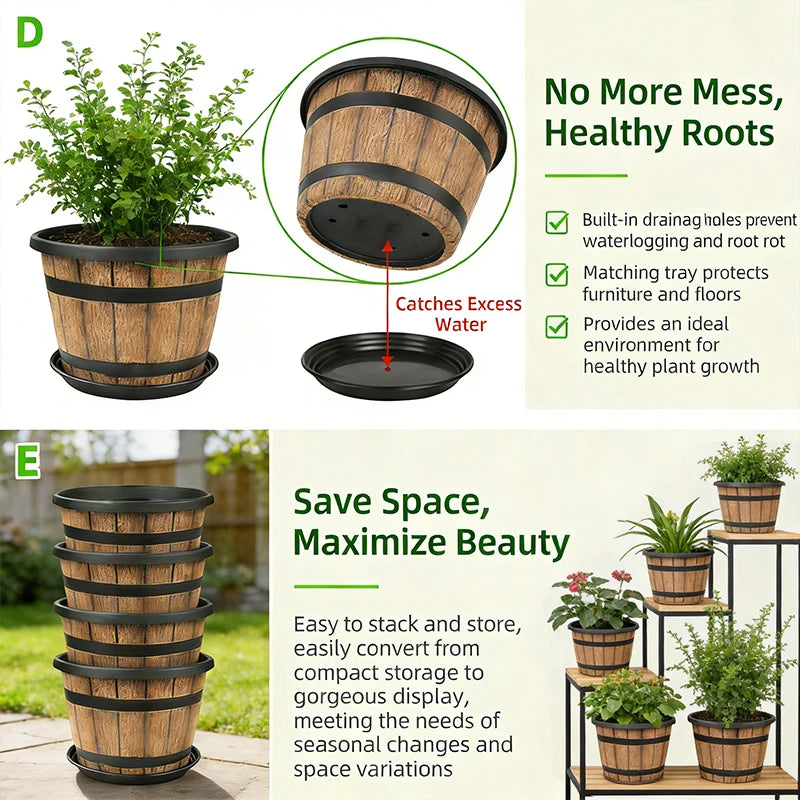 Indoor Large Resin Planter Imitation Wooden Barrel