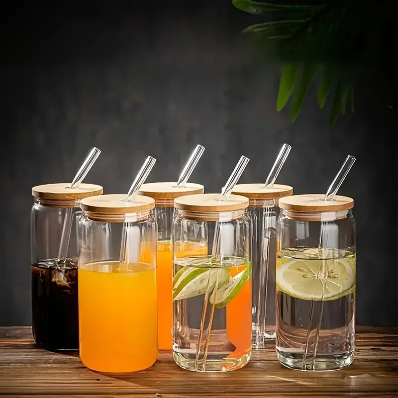 Drinking Glasses Set With Bamboo Lids And Glass Straws