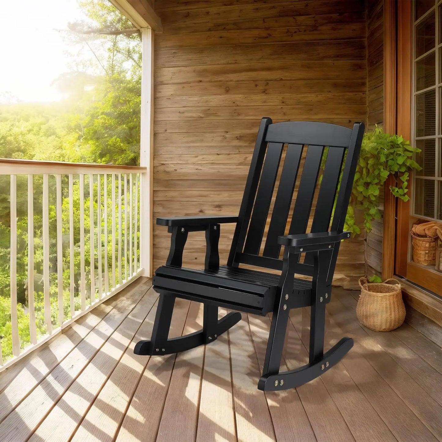 Heavy Duty Wooden Rocking Chair With Ergonomic Backrest For Patio