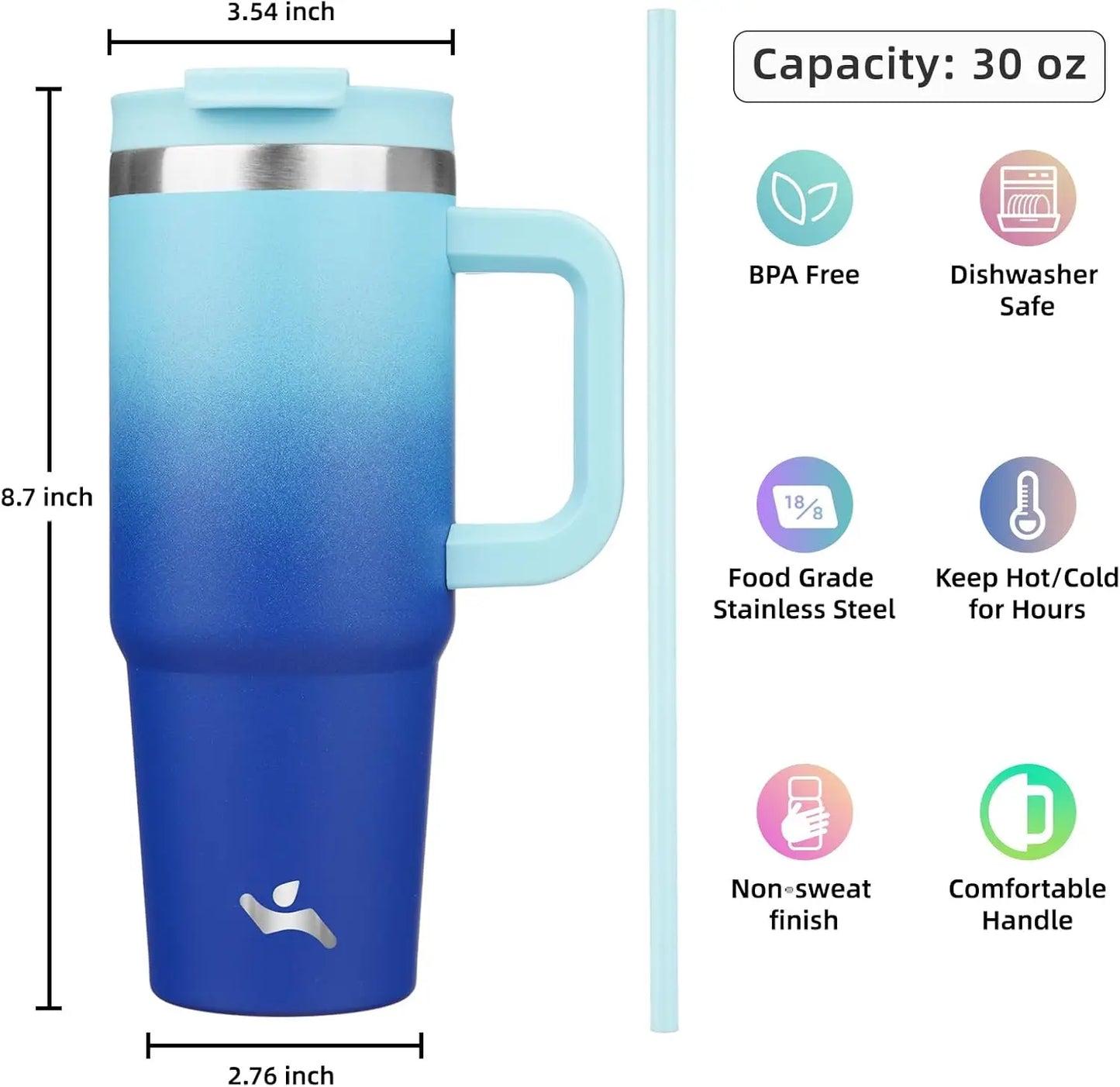 30 Oz Insulated Stainless Steel Tumbler With Handle And Straws