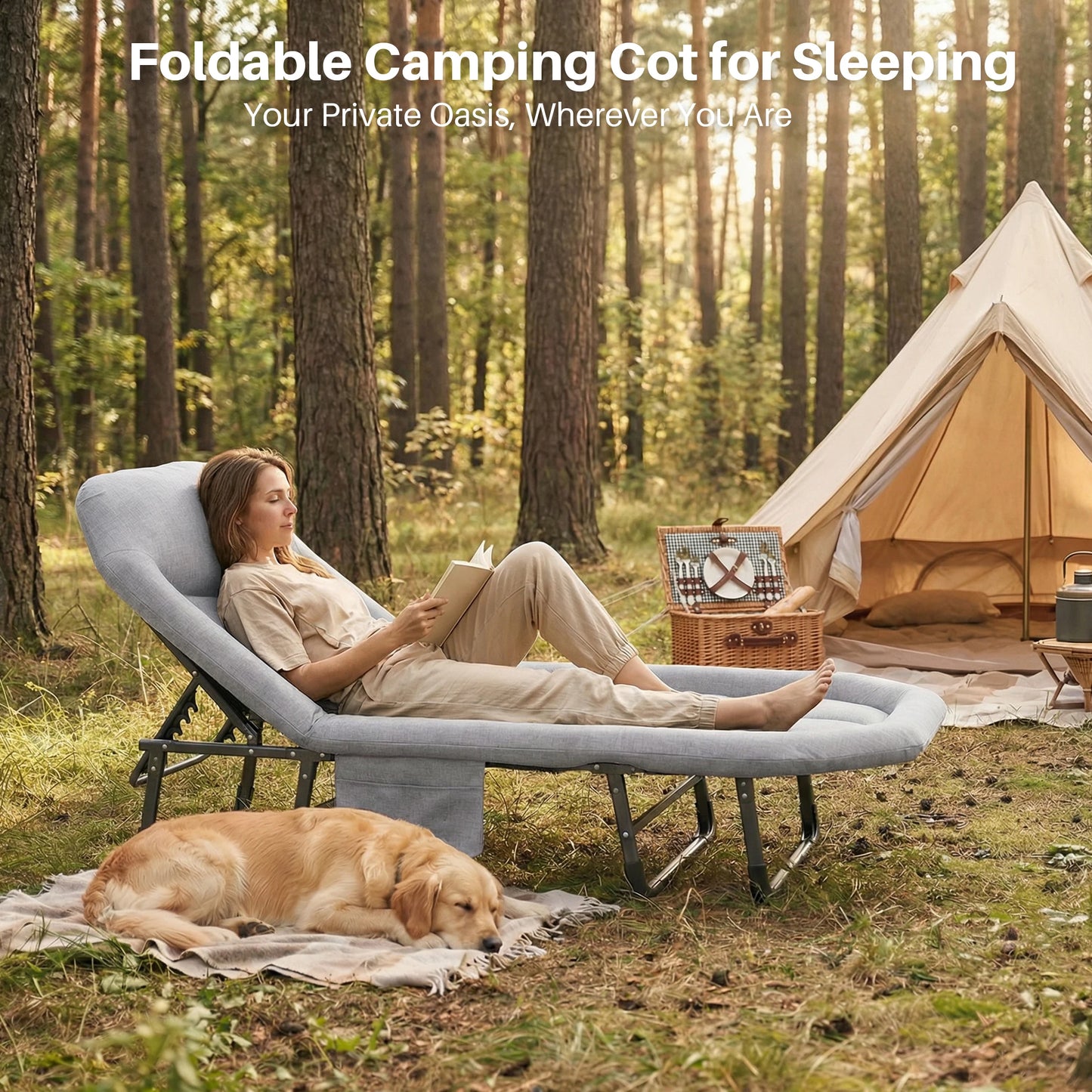 Adjustable Camping Bed with Mattress Lightweight Cot with Carry Bag 6 Angle Foldable Bed for Outdoor Supports 450 lbs