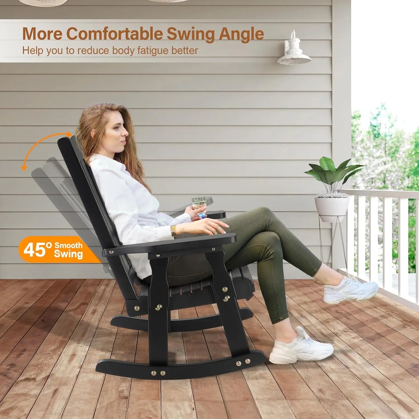 Heavy Duty Wooden Rocking Chair With Ergonomic Backrest For Patio