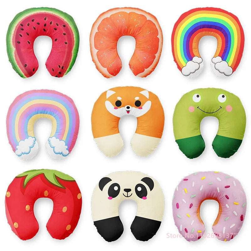 Cute Cartoon Travel Neck Pillow U-Shaped Panda Rainbow Cloud Fruit Inflatable Cushion For Kids Adults Family Friends