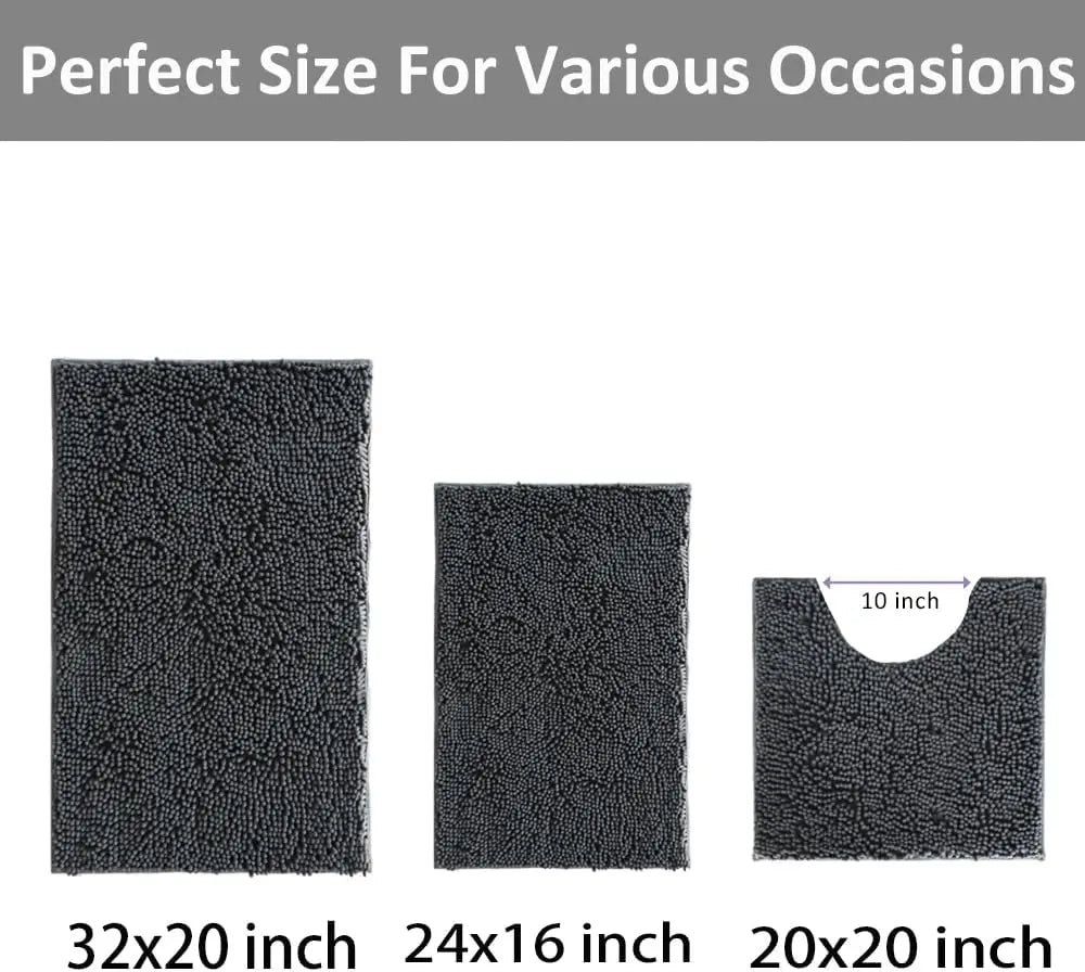 Chenille Bathroom Rugs Set 3 Piece Non Slip Mats PVC