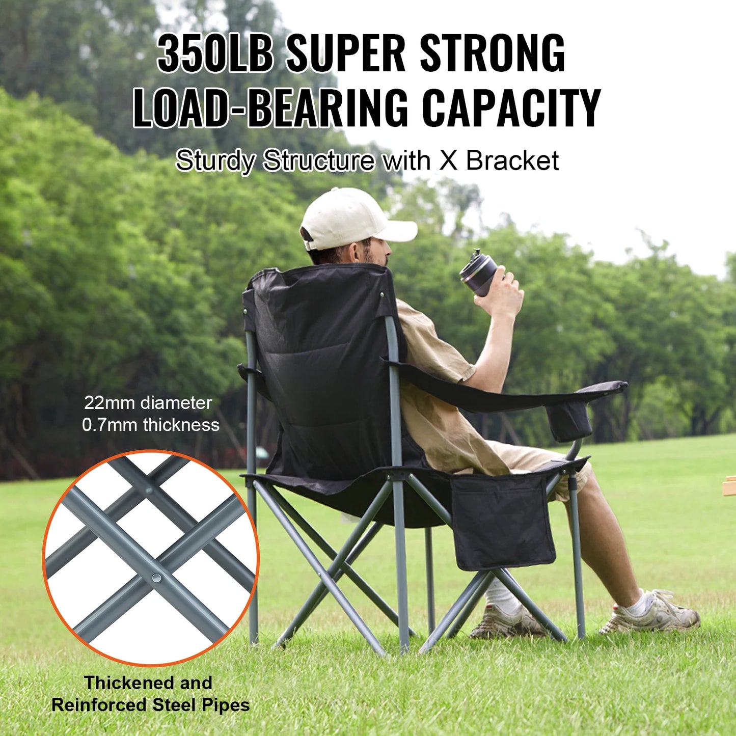 VEVOR Camping Folding Chair with Lumbar Back Support and Pockets
