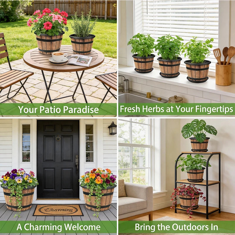 Indoor Large Resin Planter Imitation Wooden Barrel