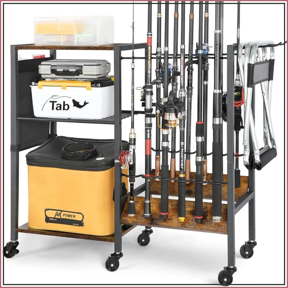 Rolling Fishing Rod Rack for Garage and Boat Cart Organization