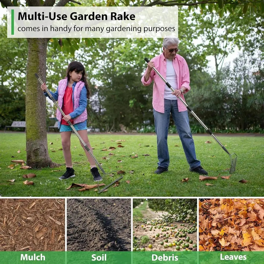 Long-Handled Garden Rake With 14 Metal Tines For Leaf Collection