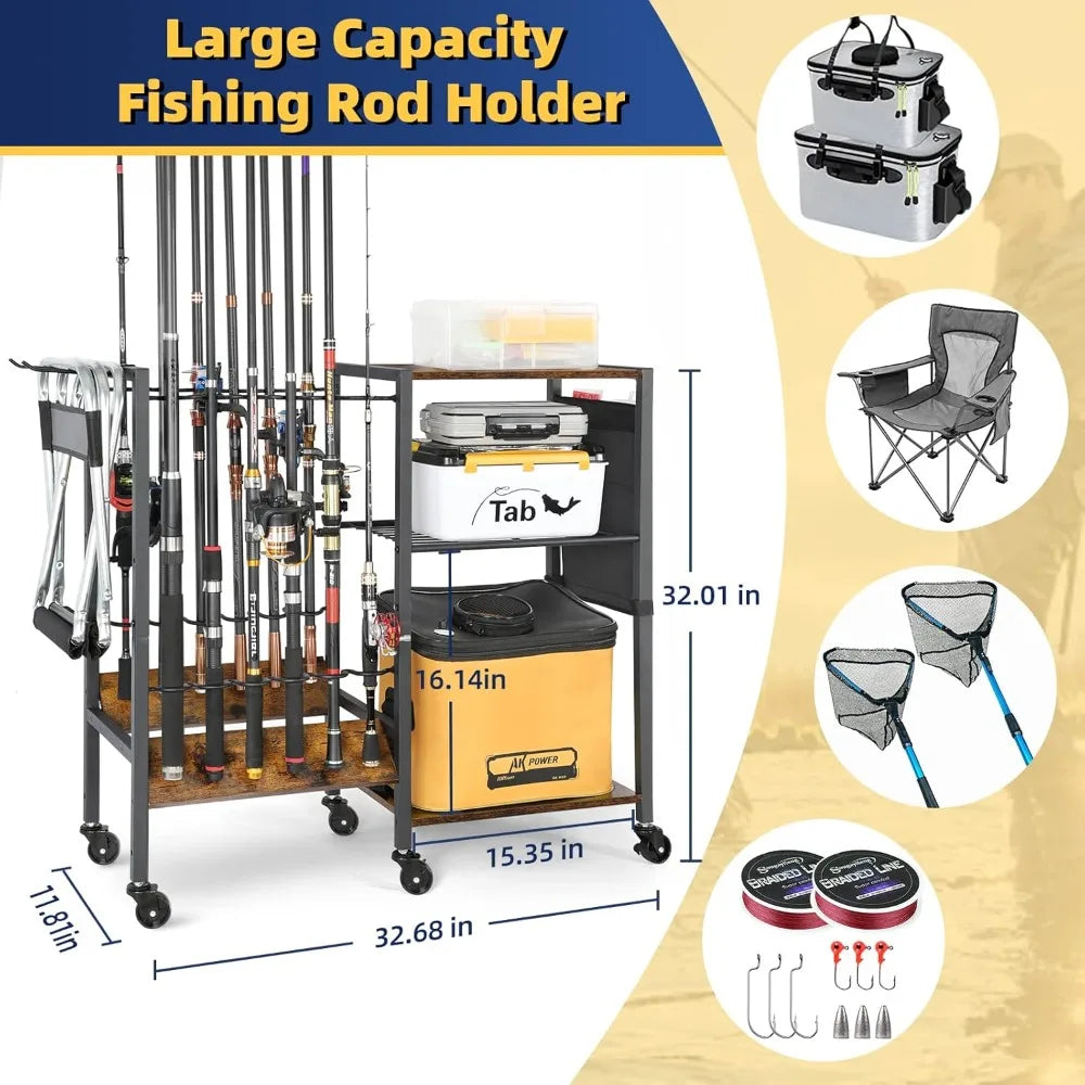 Rolling Fishing Rod Rack for Garage and Boat Cart Organization