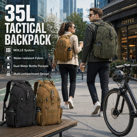 Backpack with Reflective Strip & Double Zippers, Outdoor Hiking Camping Rucksack with Large Capacity Pocket & External Straps, Survival Emergency Gear Bag 35L Men's MOLLE Tactical