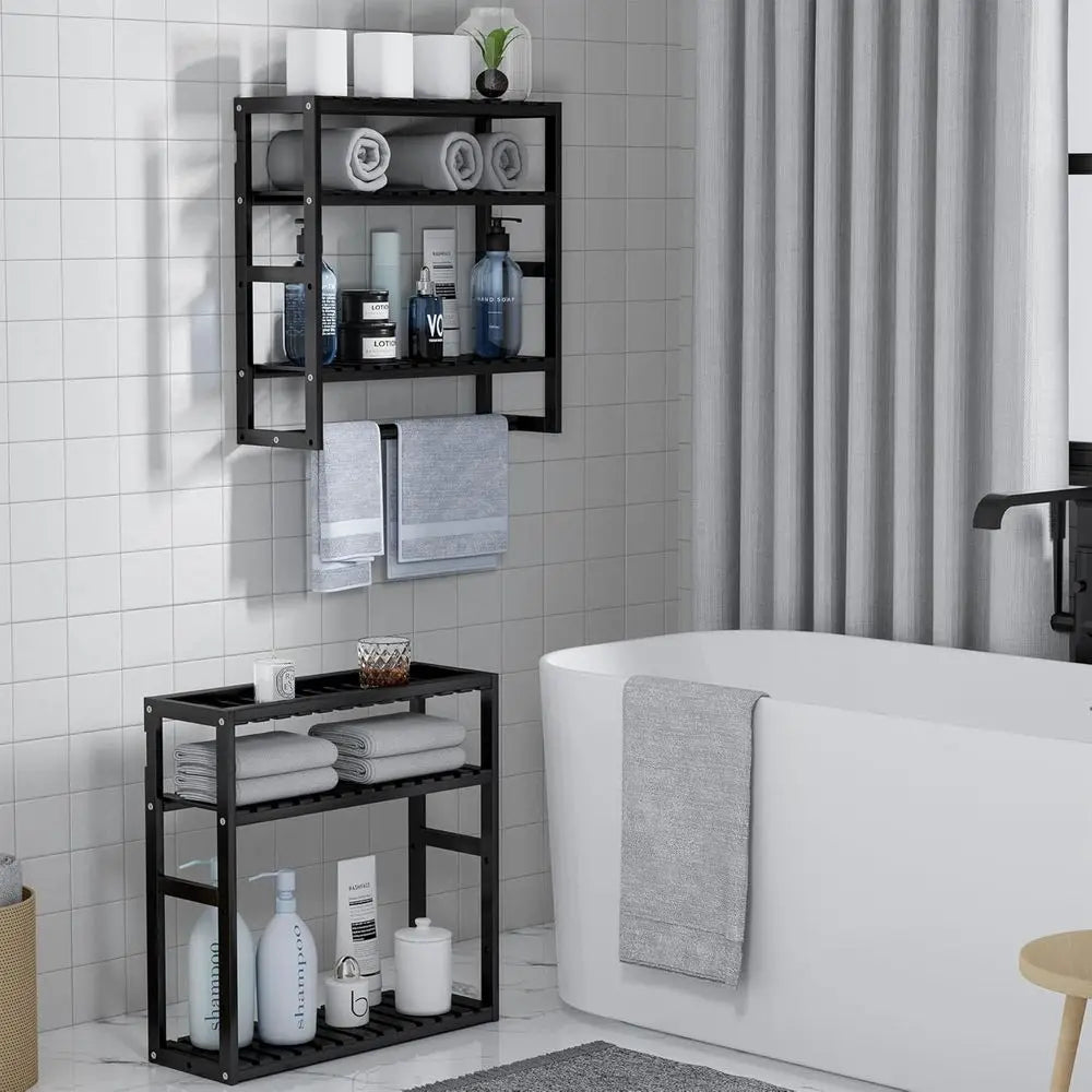 Bamboo Over Toilet Storage Shelf With Towel Bar Compact Spaces