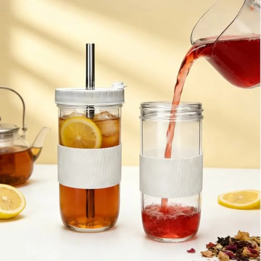 Glass Mason Jar Cups With PremiumLids And Straws 6 Pack