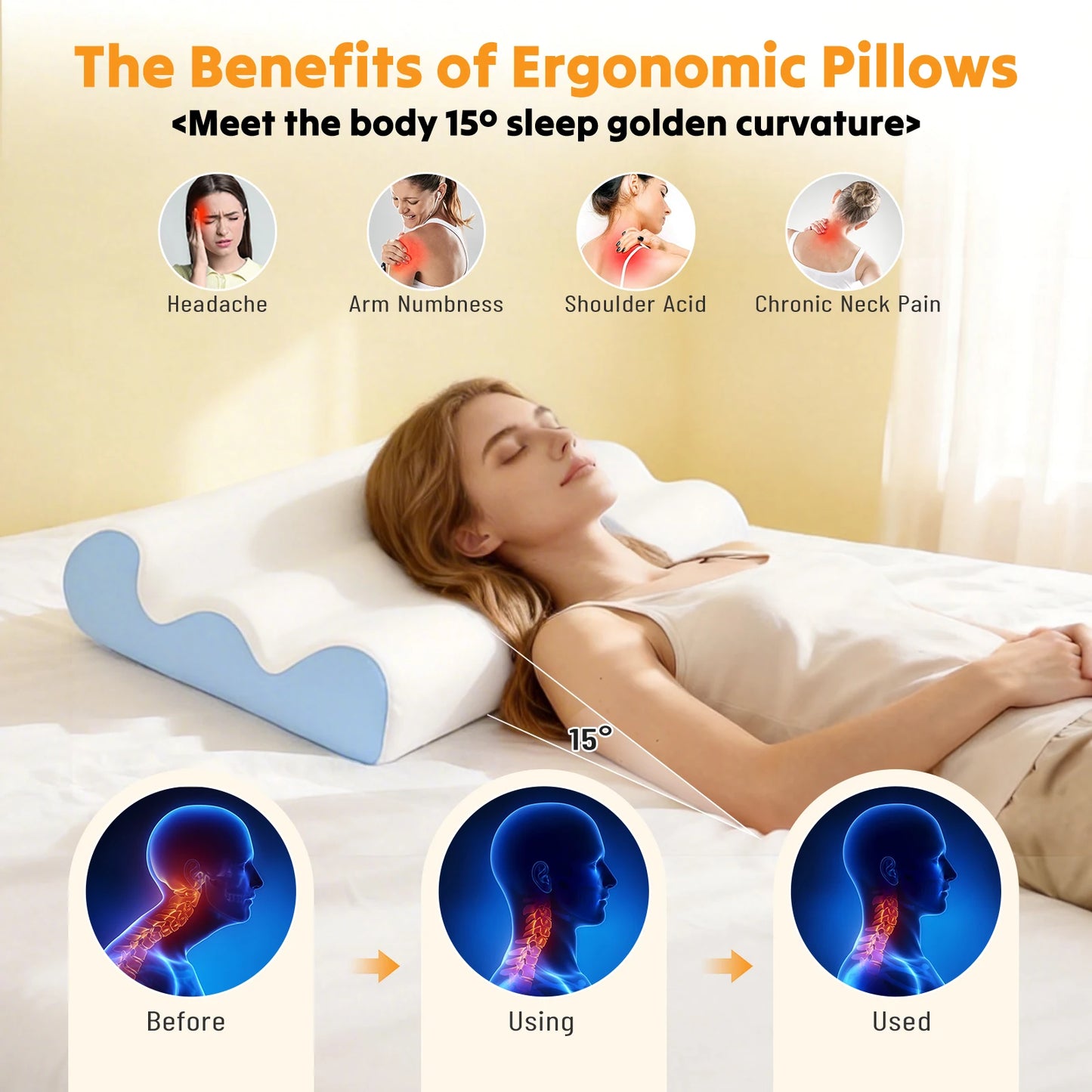 Ergonomic Contour Memory Foam Pillow for Neck Pain Relief Foam Bed Pillow with Cooling Washable Cover Pillowcase