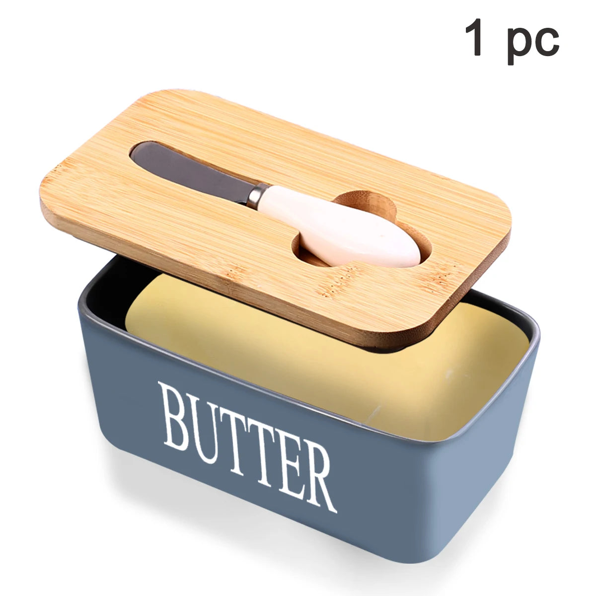 Ceramic Butter Dish With Bamboo Lid And Built In Knife