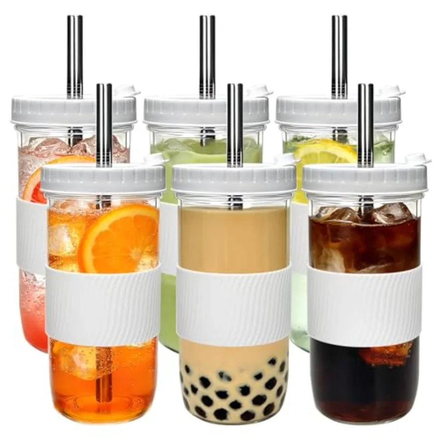 Glass Mason Jar Cups With PremiumLids And Straws 6 Pack