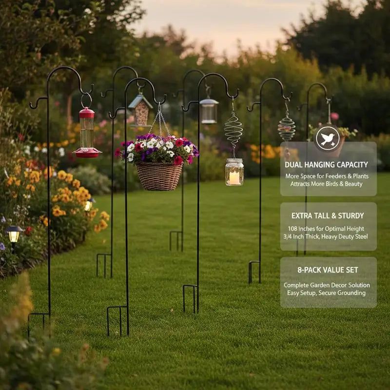 Double Shepherds Hooks for Outdoor, 8 Pack 108 Inch Heavy Duty Bird Feeder Pole, 3/4 Inch Thick Garden Hooks for Hanging Hummingbird Feeder, Plant Baskets, Solar Light Lanterns,Wind Chimes
