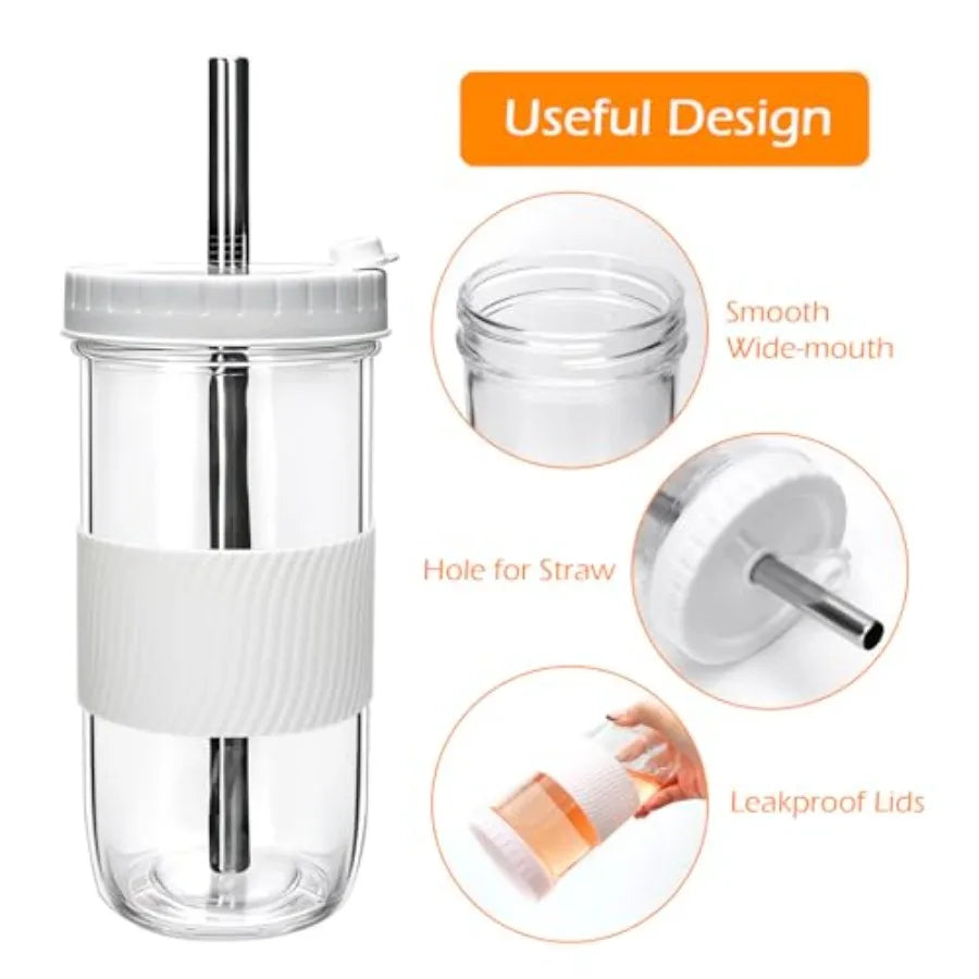 Glass Mason Jar Cups With PremiumLids And Straws 6 Pack