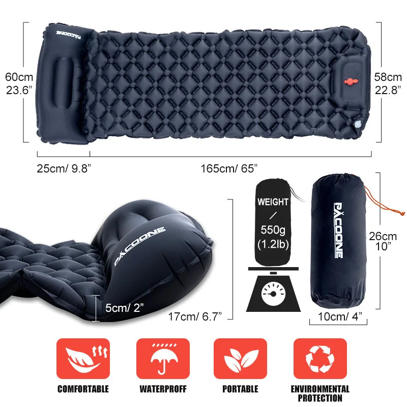 Pacoone Outdoor Sleeping Pad Camping Inflatable Mattress Built-In Pump