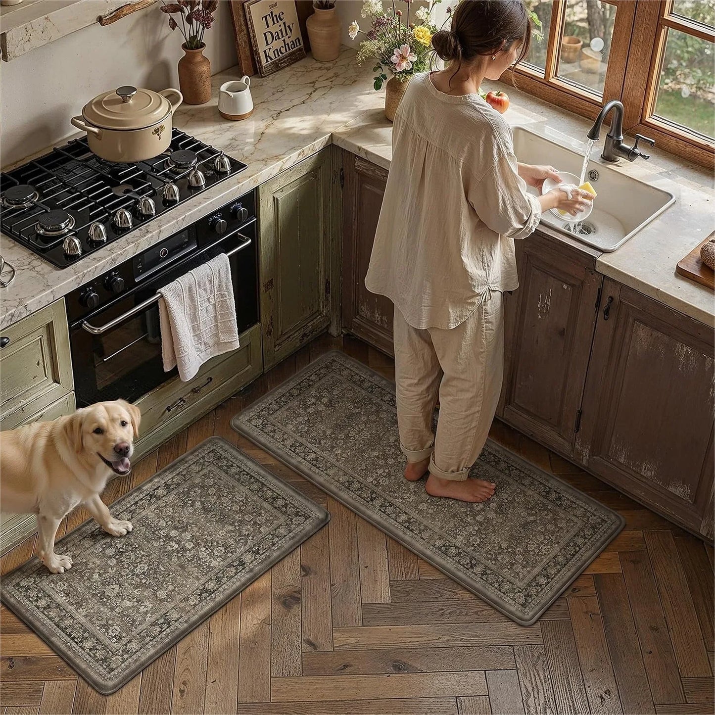 Non Slip Two Piece Kitchen Mats Set Floral Anti Fatigue