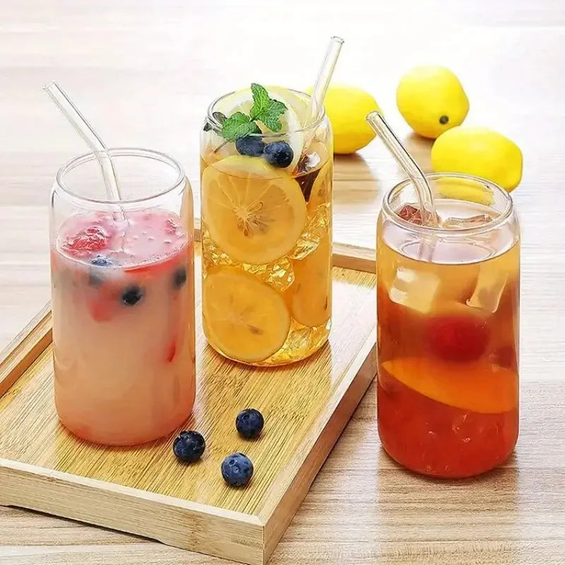 Drinking Glasses Set With Bamboo Lids And Glass Straws