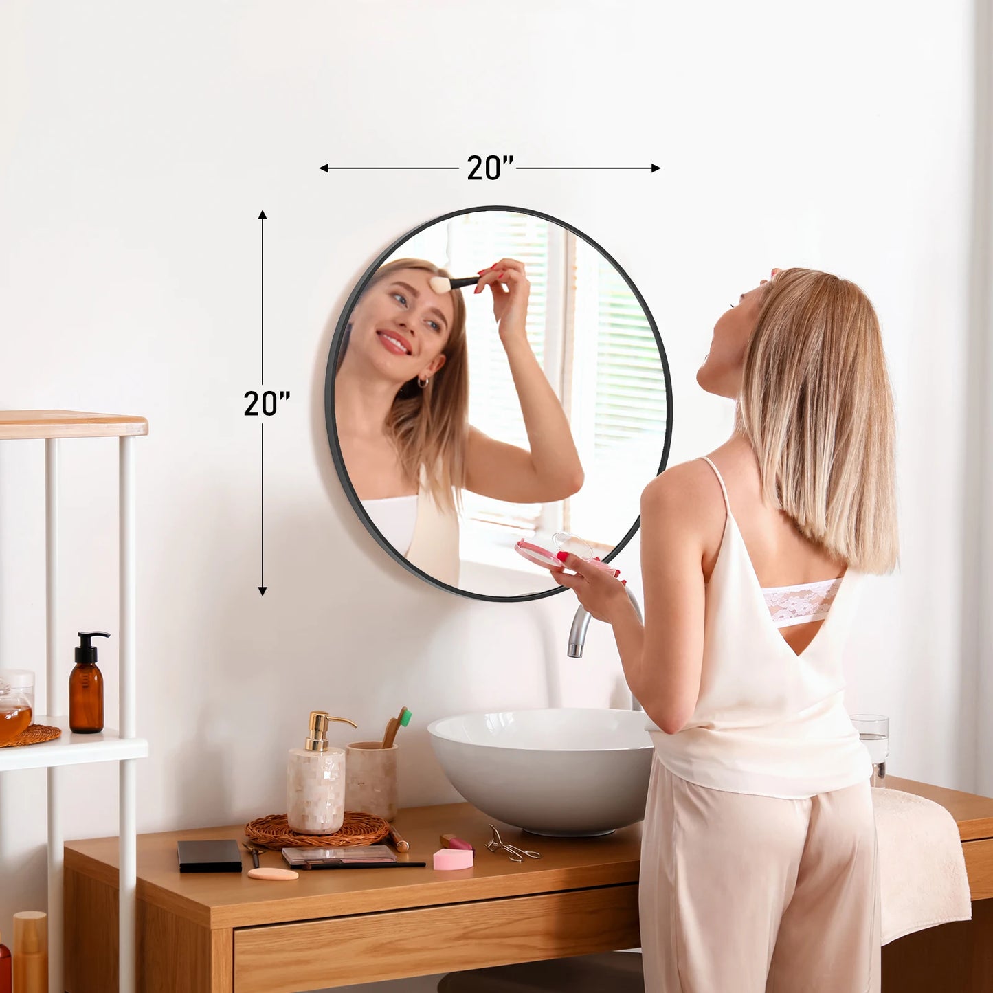 JHK Matte Metal Framed Round Vanity Mirror Wall Mount