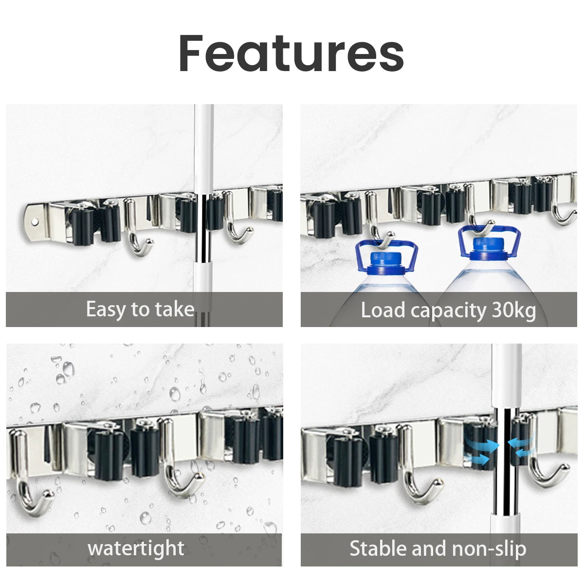 Stainless Steel Four Hook Broom Mop Organizer Wall Mounted Rack