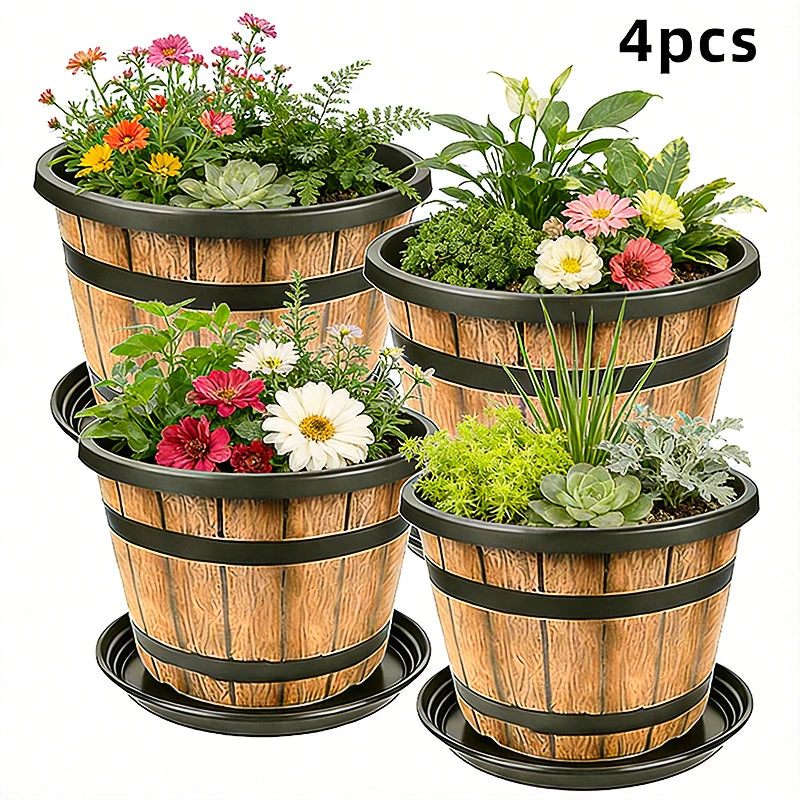 Indoor Large Resin Planter Imitation Wooden Barrel
