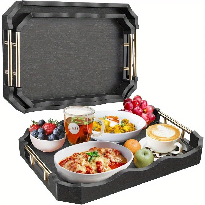 Bamboo Serving Tray Set Of 2 With Handles Wave Edge