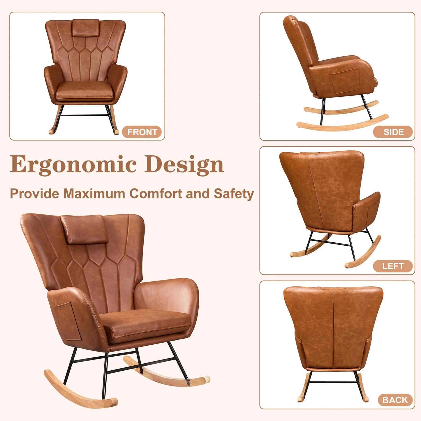 PU Leather Rocking Chair With High Backrest And Padded Seat