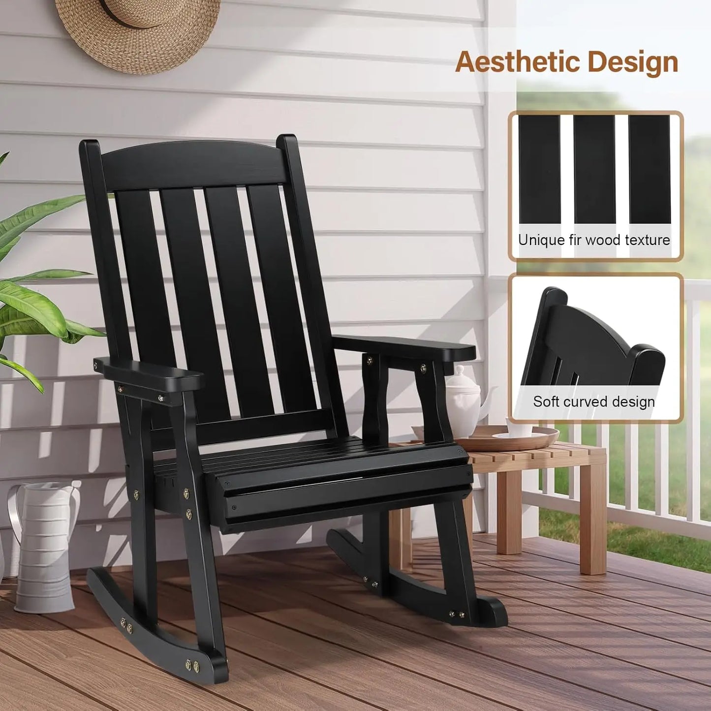 Heavy Duty Wooden Rocking Chair With Ergonomic Backrest For Patio