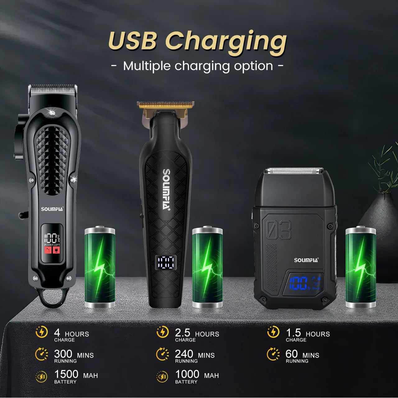 Solimpia Professional Hair Clipper Three Piece Cordless Set For Men